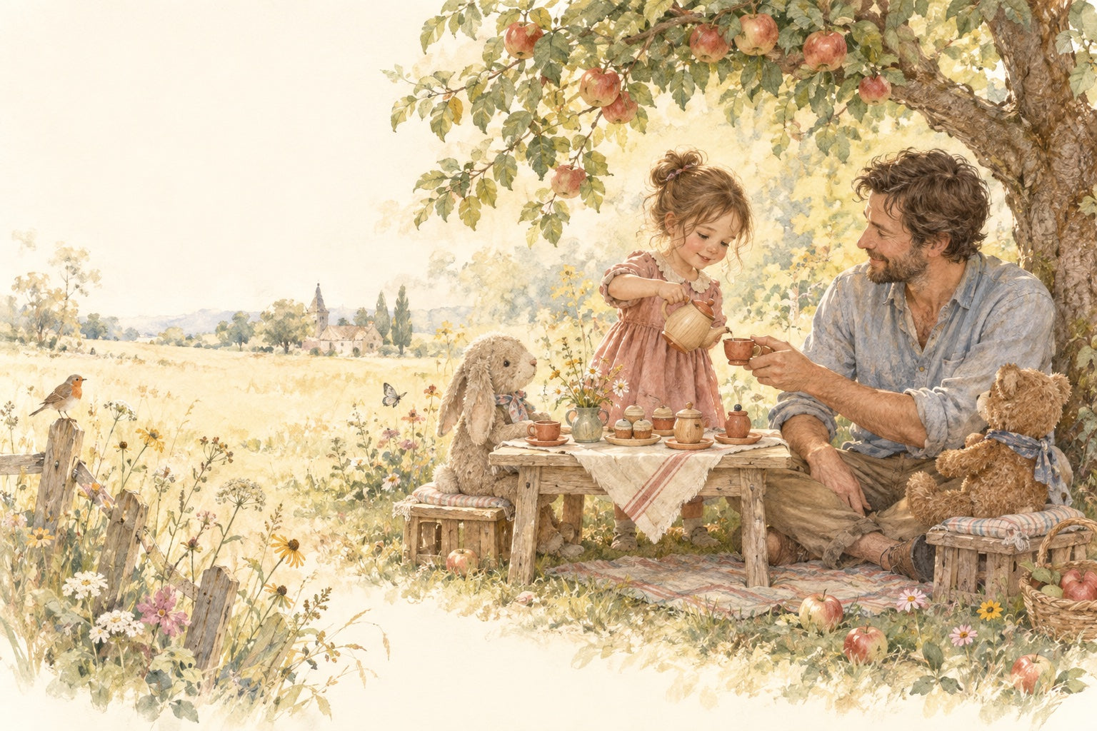 Watercolor illustration of a child hosting a garden tea party for a parent and stuffed-animal guests