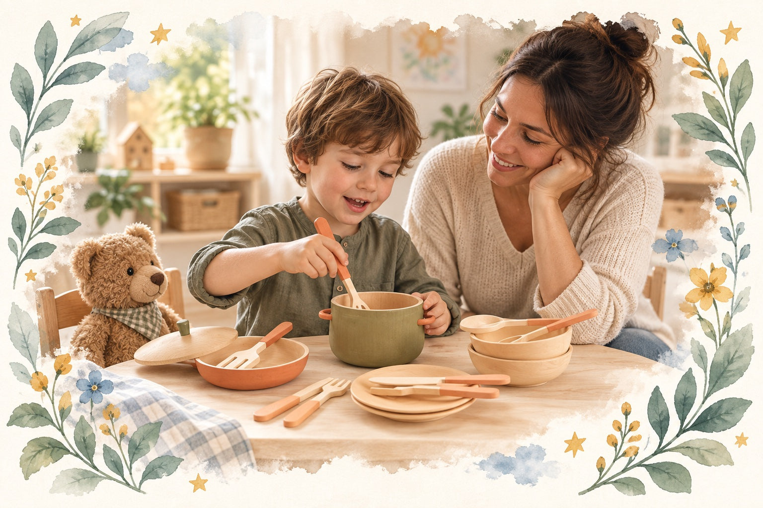 Watercolor-framed editorial illustration of a parent and child sharing pretend cooking play
