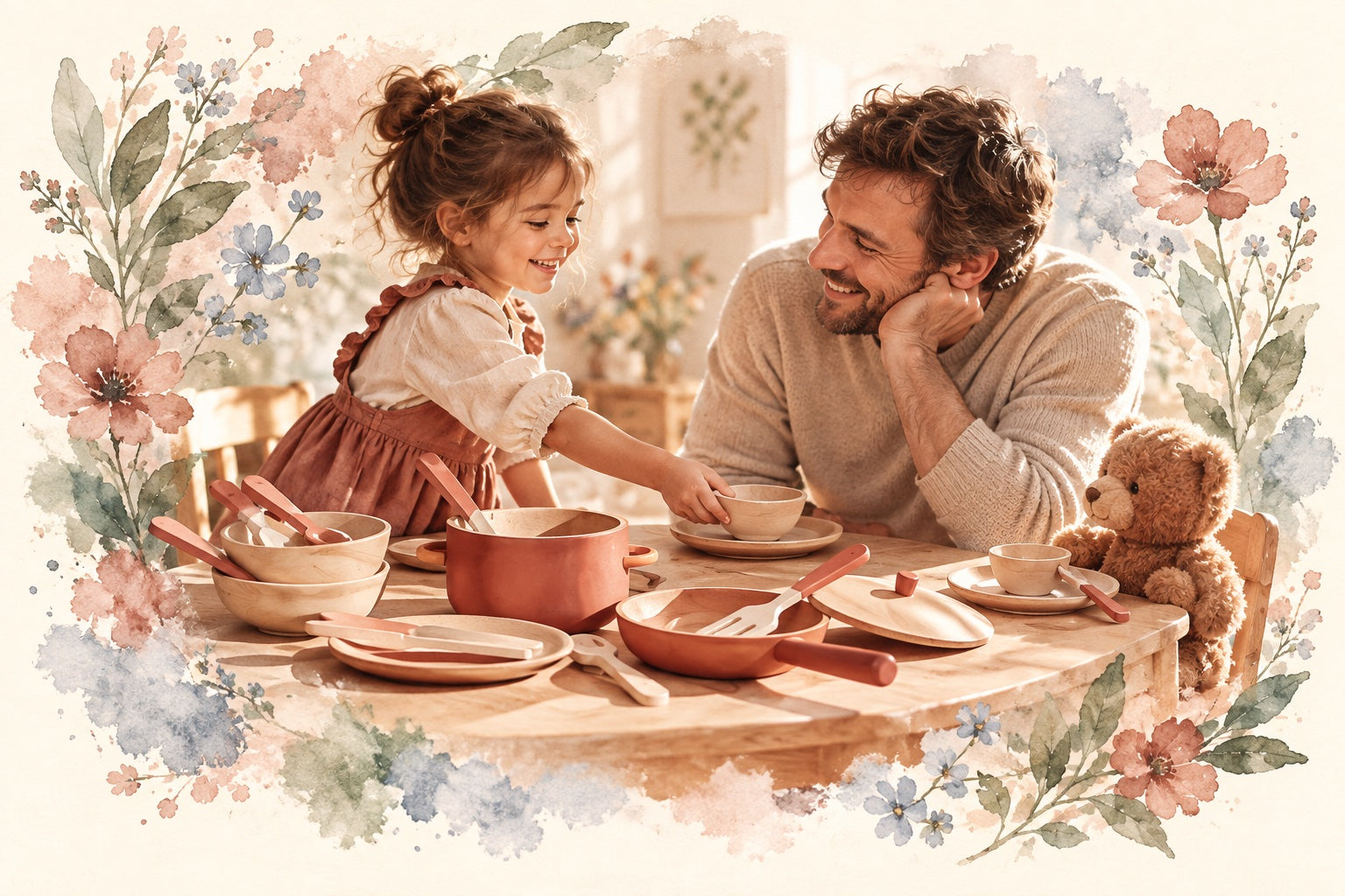 Watercolor-framed editorial illustration of a parent and child sharing pretend cooking play