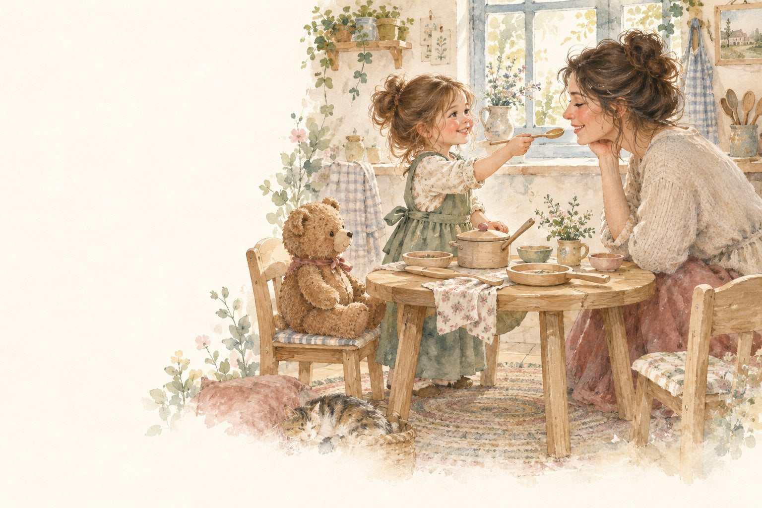 Watercolor illustration of a child serving pretend soup to a parent in a cozy play kitchen