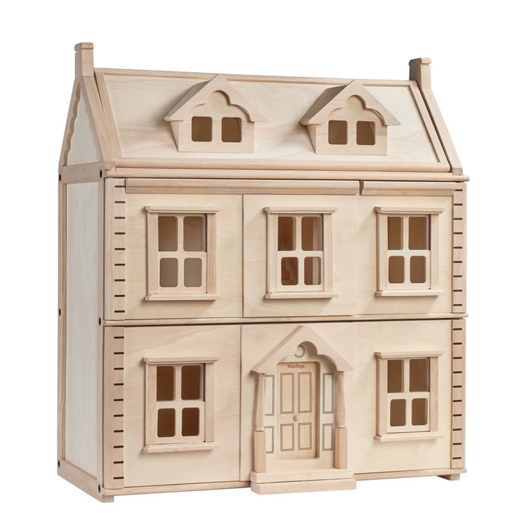 Front view of the natural wooden PlanToys Victorian Dollhouse