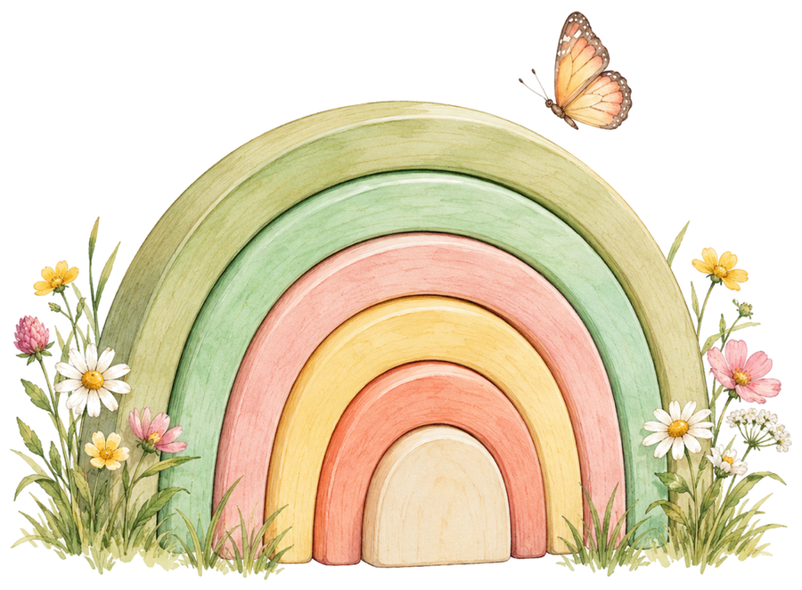 Watercolor of six nested wooden rainbow arches in soft greens, pinks and yellows, with wildflowers and a butterfly