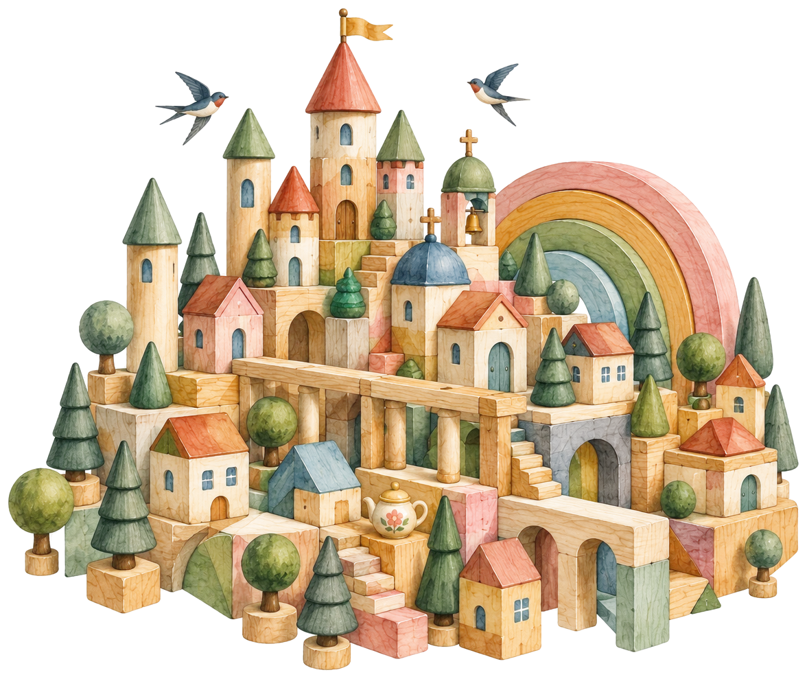 A watercolor painting of a tiny hilltop kingdom built from painted wooden blocks: towers, arches, stairs, fir trees and a rainbow behind it