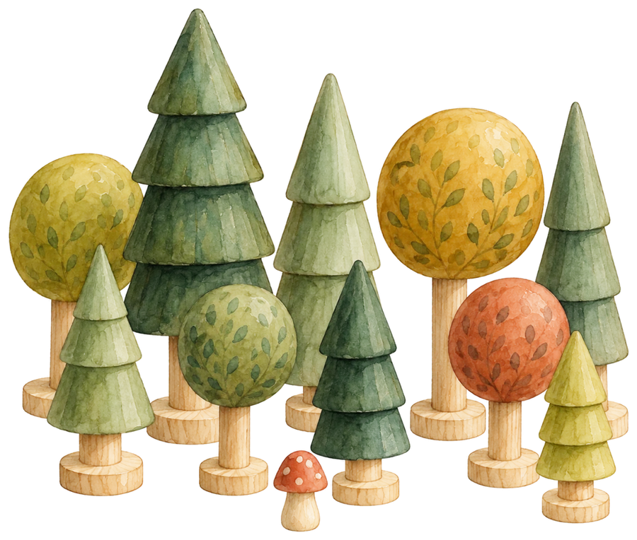 Watercolor of ten wooden toy trees: six firs and four round leafy trees