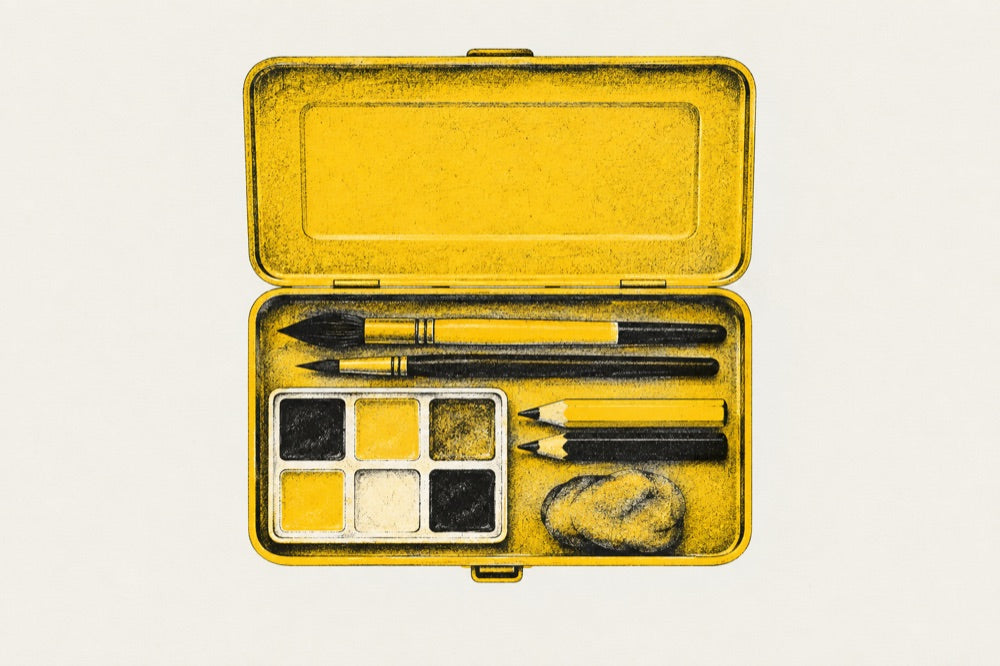 An open yellow T-152 packed with brushes, a paint palette and pencils