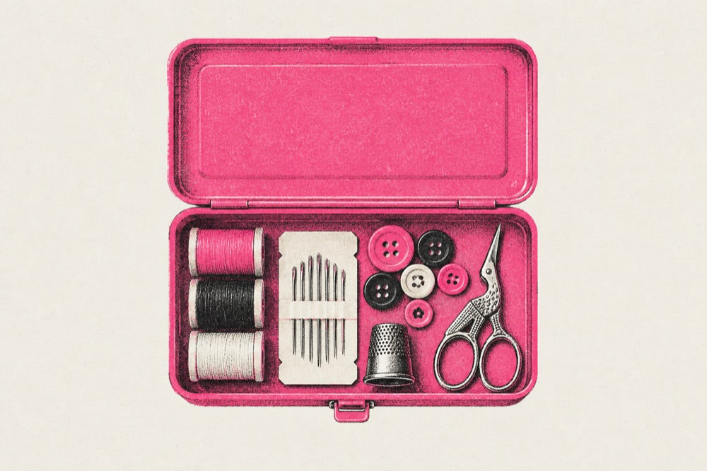 An open pink T-152 with thread, buttons and tiny scissors
