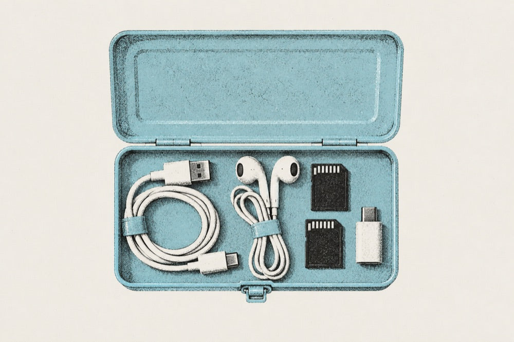 An open glacier-blue T-152 with a cable, earbuds and SD cards