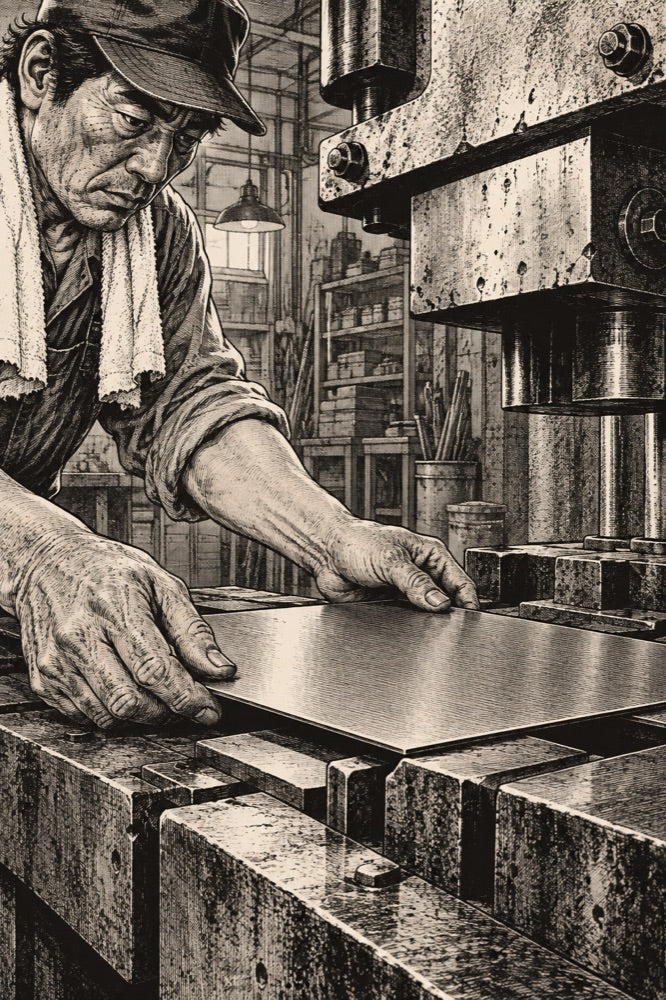 Manga panel: a craftsman's hands lay a flat steel sheet on the press bed