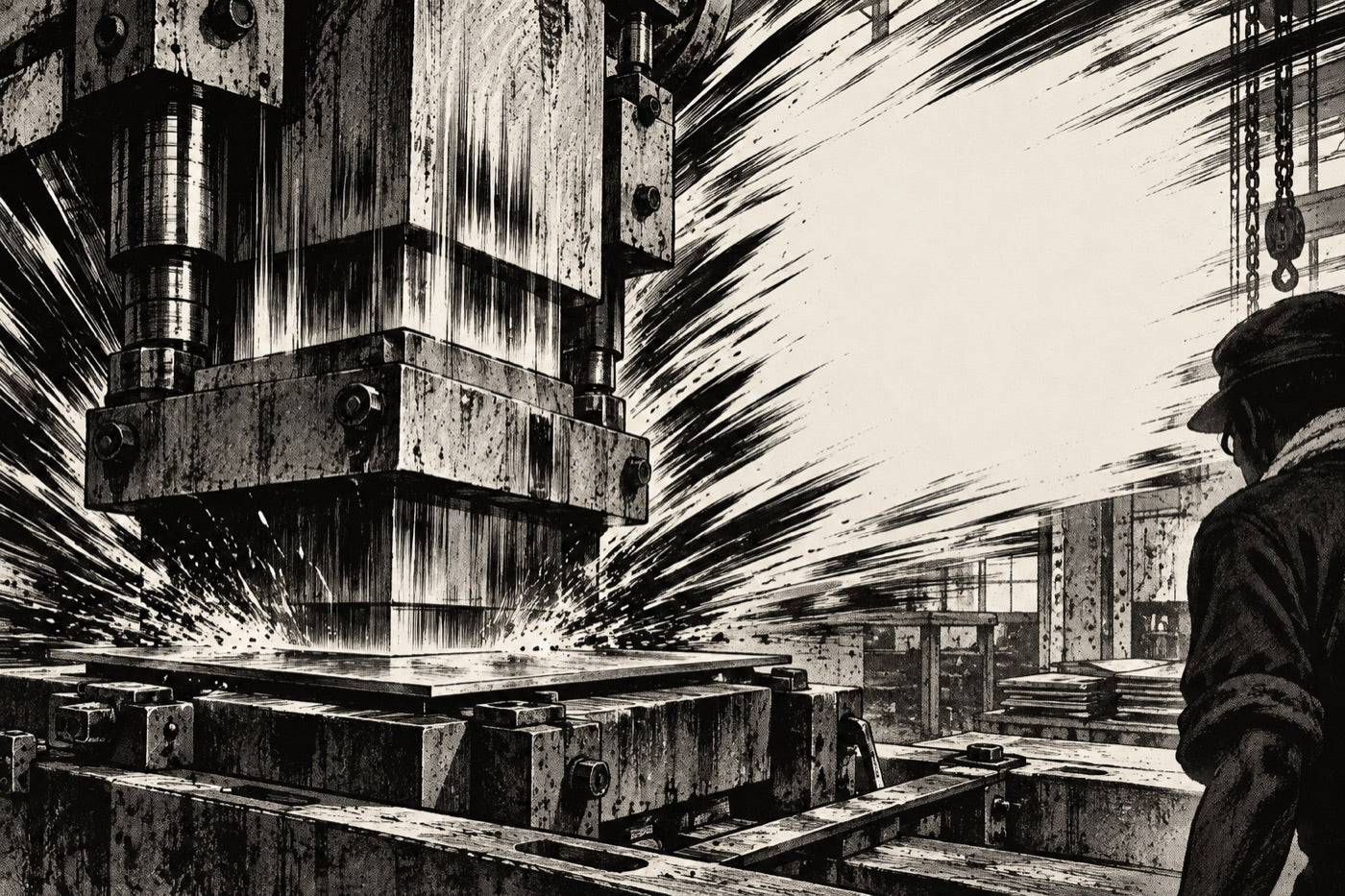Manga panel: the press die slams down on the sheet
